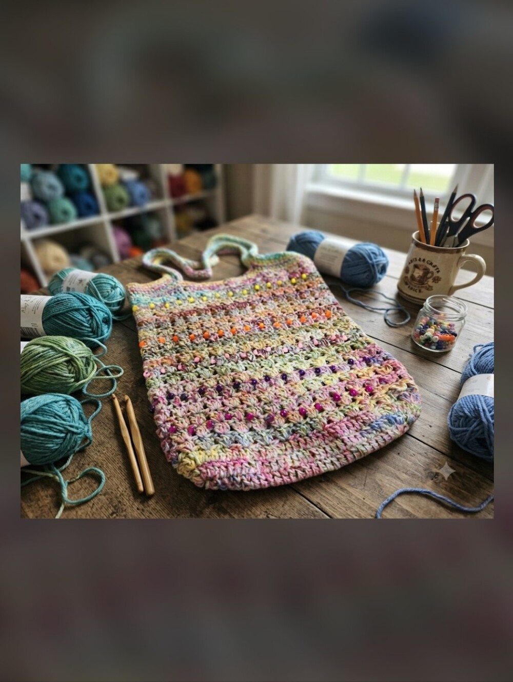 NEW Handmade-Crocheted Variegated Multi-Color Beaded Tote Bag